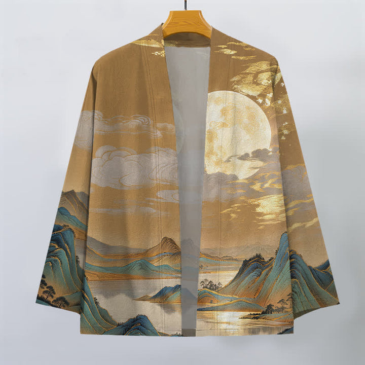 Buddha Stones Kimono de hombre de algodón con estampado de paisaje de montaña y luna dorada, con frente abierto. - image 1