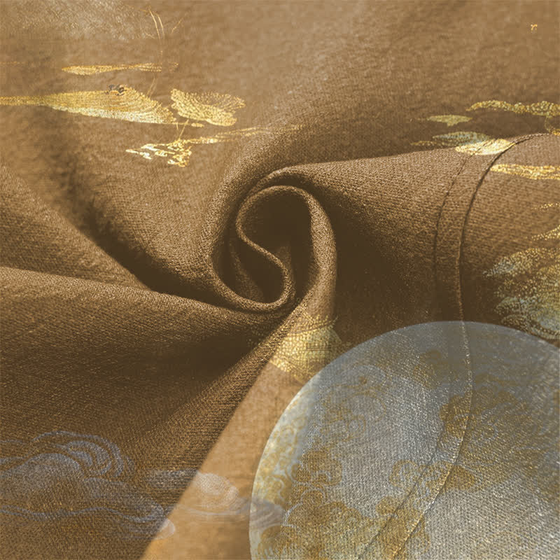 Buddha Stones Kimono de hombre de algodón con estampado de paisaje de montaña y luna dorada, con frente abierto. - image 5