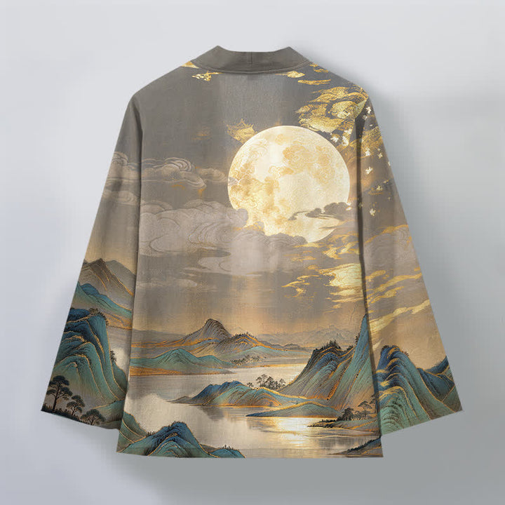 Buddha Stones Kimono de hombre de algodón con estampado de paisaje de montaña y luna dorada, con frente abierto. - image 8