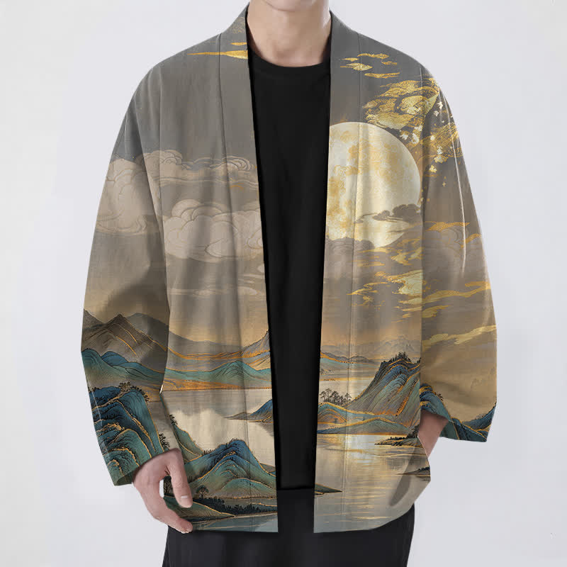 Buddha Stones Kimono de hombre de algodón con estampado de paisaje de montaña y luna dorada, con frente abierto. - Gris pizarra - US/UK/AU48, UE58 (4XL) - image 6