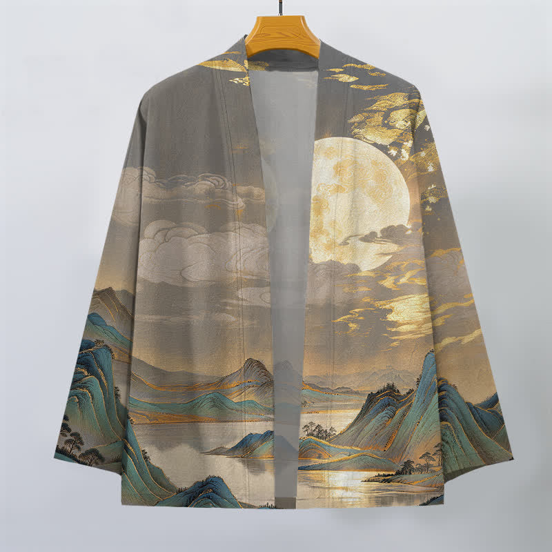 Buddha Stones Kimono de hombre de algodón con estampado de paisaje de montaña y luna dorada, con frente abierto. - image 7