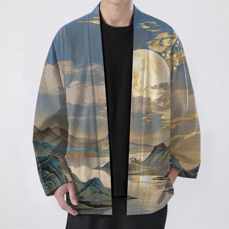 Buddha Stones Kimono de hombre de algodón con estampado de paisaje de montaña y luna dorada, con frente abierto. - Azul acero - US/UK/AU48, UE58 (4XL) - image 9