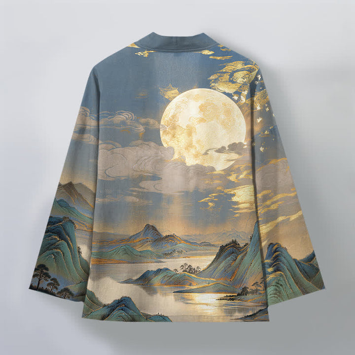 Buddha Stones Kimono de hombre de algodón con estampado de paisaje de montaña y luna dorada, con frente abierto. - image 11