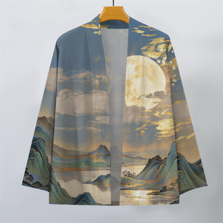 Buddha Stones Kimono de hombre de algodón con estampado de paisaje de montaña y luna dorada, con frente abierto. - image 10