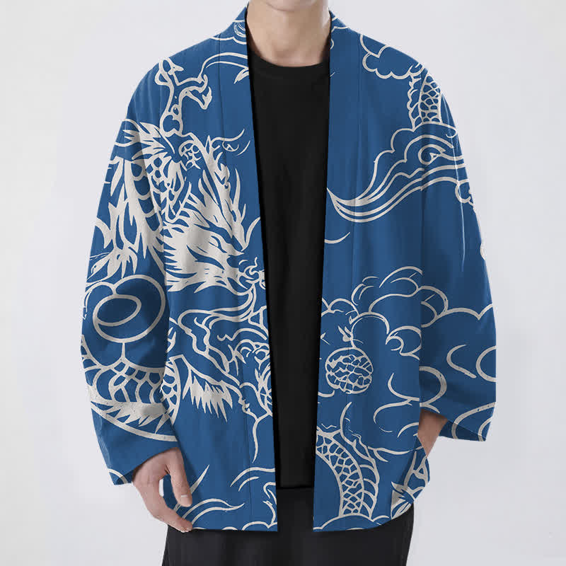Buddha Stones Kimono de hombre de algodón blanco con estampado de dragón y nubes, abertura frontal. - Azul real - US/UK/AU48, UE58 (4XL) - image 0