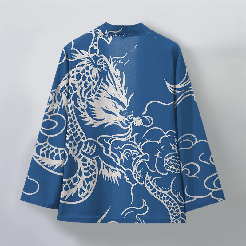 Buddha Stones Kimono de hombre de algodón blanco con estampado de dragón y nubes, abertura frontal. - image 2