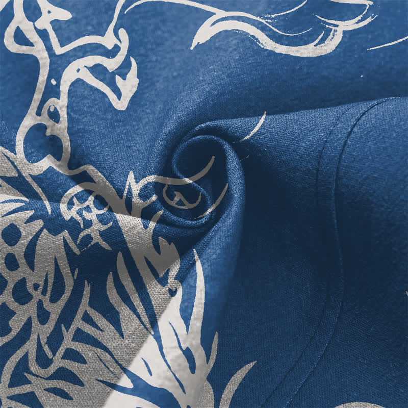 Buddha Stones Kimono de hombre de algodón blanco con estampado de dragón y nubes, abertura frontal. - image 5