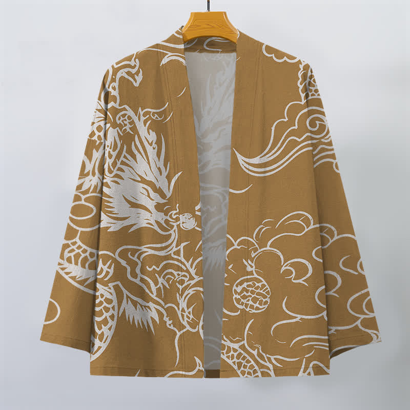 Buddha Stones Kimono de hombre de algodón blanco con estampado de dragón y nubes, abertura frontal. - image 7