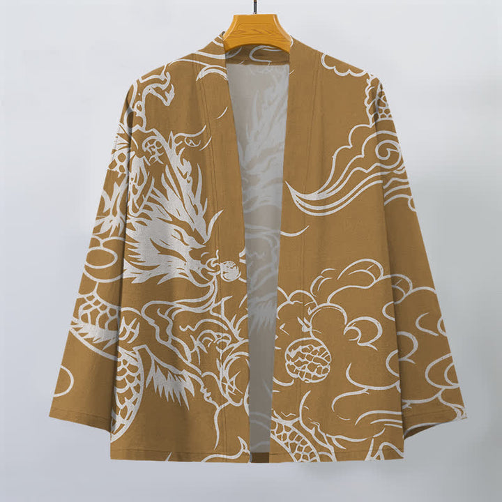 Buddha Stones Kimono de hombre de algodón blanco con estampado de dragón y nubes, abertura frontal. - image 7