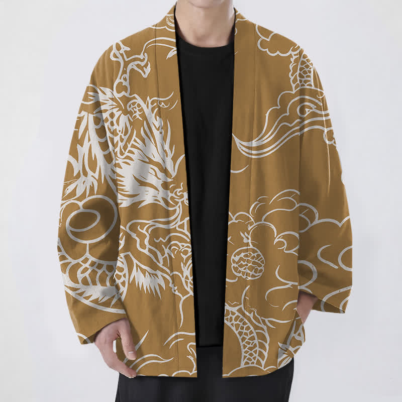 Buddha Stones Kimono de hombre de algodón blanco con estampado de dragón y nubes, abertura frontal. - vara de oro - US/UK/AU48, UE58 (4XL) - image 6
