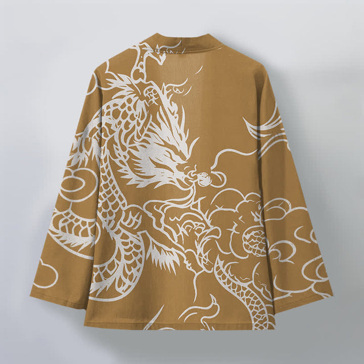Buddha Stones Kimono de hombre de algodón blanco con estampado de dragón y nubes, abertura frontal. - image 8