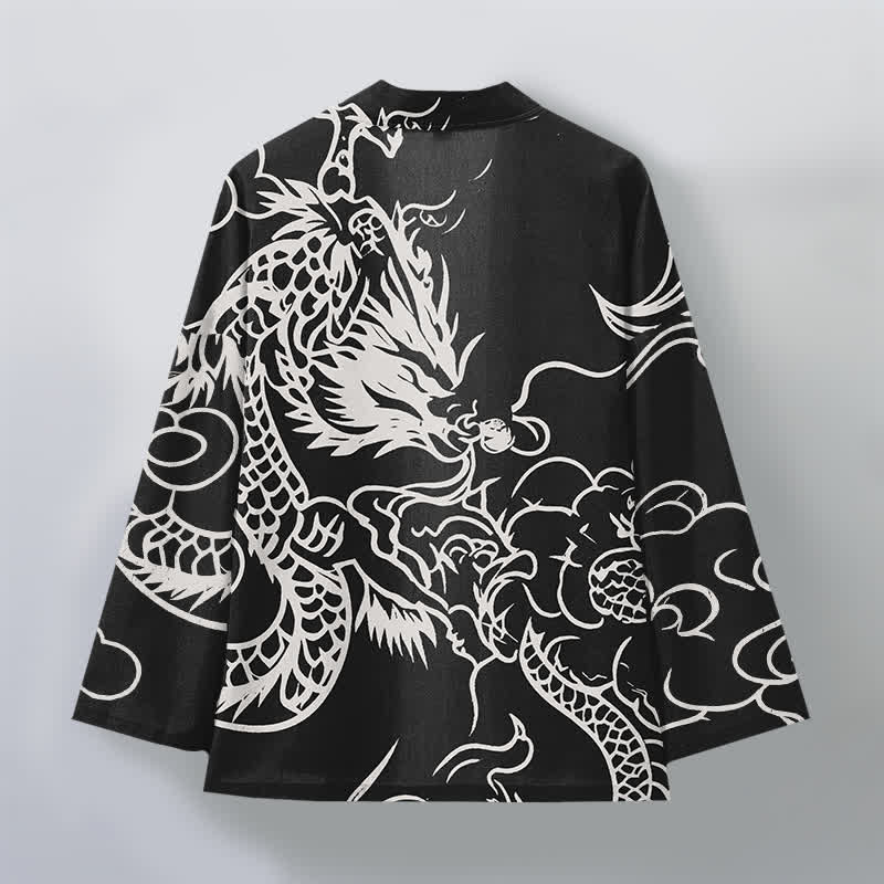 Buddha Stones Kimono de hombre de algodón blanco con estampado de dragón y nubes, abertura frontal. - image 11