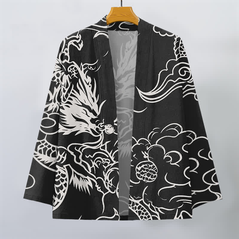 Buddha Stones Kimono de hombre de algodón blanco con estampado de dragón y nubes, abertura frontal. - image 10