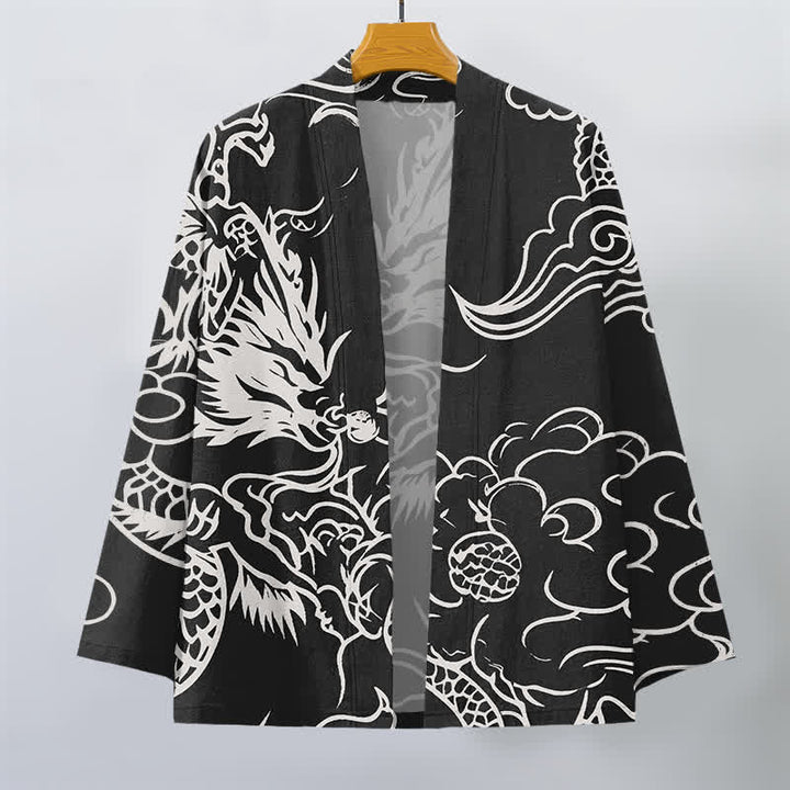 Buddha Stones Kimono de hombre de algodón blanco con estampado de dragón y nubes, abertura frontal. - image 10