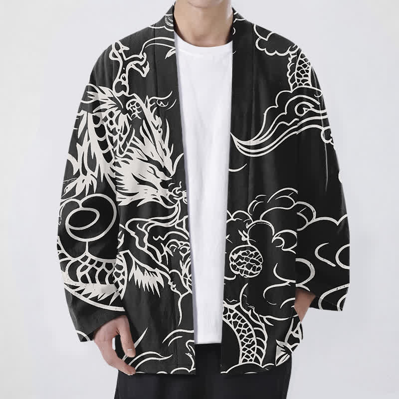 Buddha Stones Kimono de hombre de algodón blanco con estampado de dragón y nubes, abertura frontal. - Negro - US/UK/AU48, UE58 (4XL) - image 9