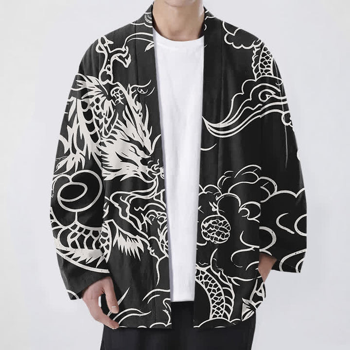 Buddha Stones Kimono de hombre de algodón blanco con estampado de dragón y nubes, abertura frontal. - Negro - US/UK/AU48, UE58 (4XL) - image 9