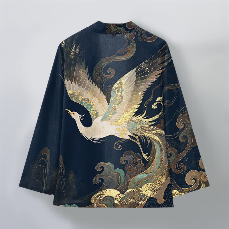 Buddha Stones Kimono de algodón con estampado de grullas doradas y nubes, abertura frontal, para hombre. - image 2