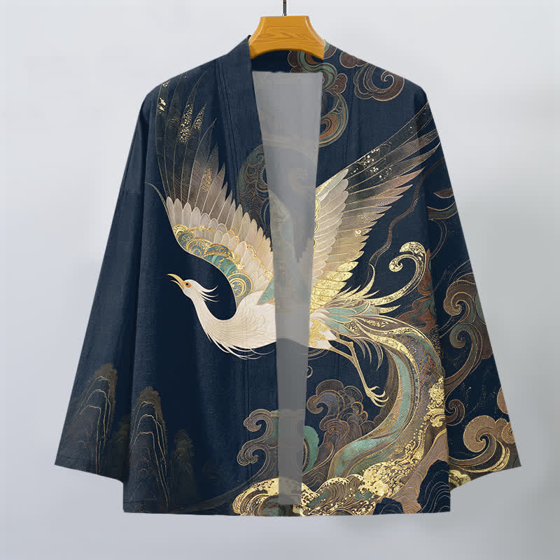 Buddha Stones Kimono de algodón con estampado de grullas doradas y nubes, abertura frontal, para hombre. - image 1