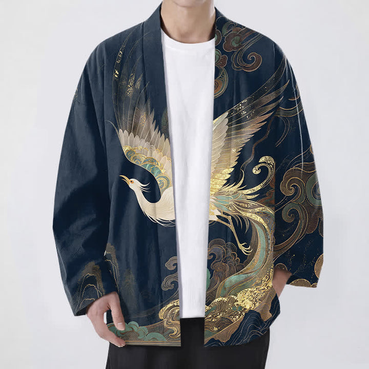 Buddha Stones Kimono de algodón con estampado de grullas doradas y nubes, abertura frontal, para hombre. - Marina de guerra - US/UK/AU48, UE58 (4XL) - image 0
