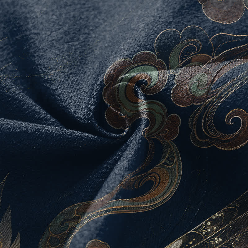 Buddha Stones Kimono de algodón con estampado de grullas doradas y nubes, abertura frontal, para hombre. - image 5