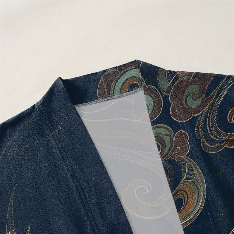 Buddha Stones Kimono de algodón con estampado de grullas doradas y nubes, abertura frontal, para hombre. - image 3