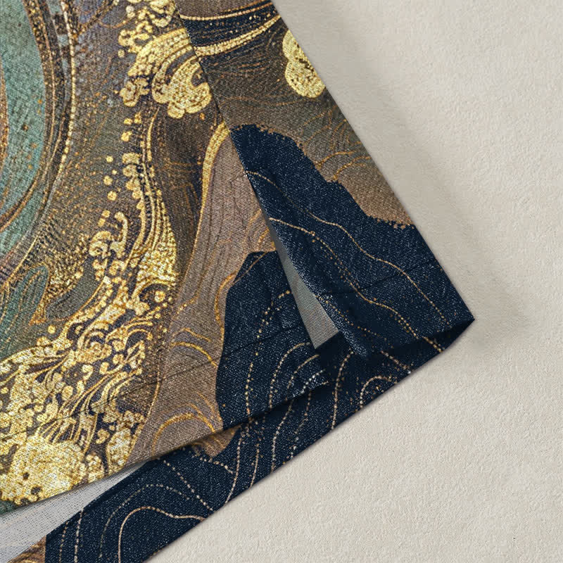 Buddha Stones Kimono de algodón con estampado de grullas doradas y nubes, abertura frontal, para hombre. - image 4