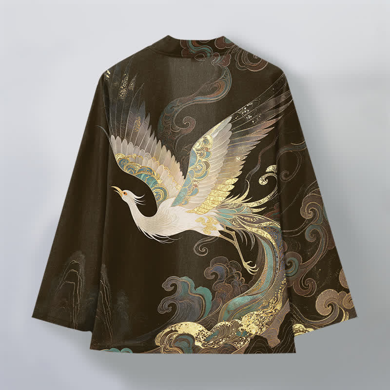 Buddha Stones Kimono de algodón con estampado de grullas doradas y nubes, abertura frontal, para hombre. - image 8