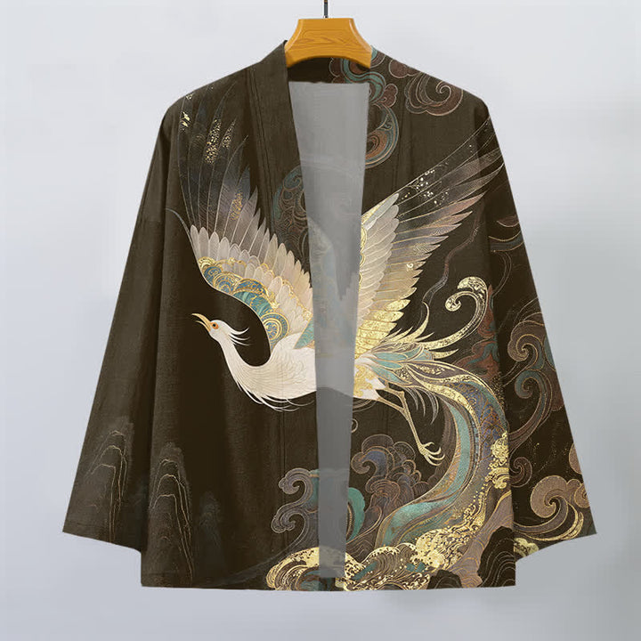 Buddha Stones Kimono de algodón con estampado de grullas doradas y nubes, abertura frontal, para hombre. - image 7