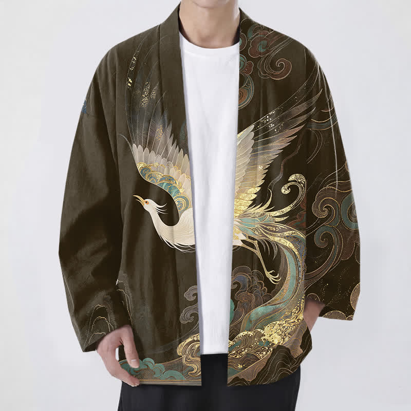 Buddha Stones Kimono de algodón con estampado de grullas doradas y nubes, abertura frontal, para hombre. - Marrón silla de montar - US/UK/AU48, UE58 (4XL) - image 6