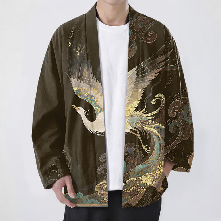 Buddha Stones Kimono de algodón con estampado de grullas doradas y nubes, abertura frontal, para hombre. - Marrón silla de montar - US/UK/AU48, UE58 (4XL) - image 6