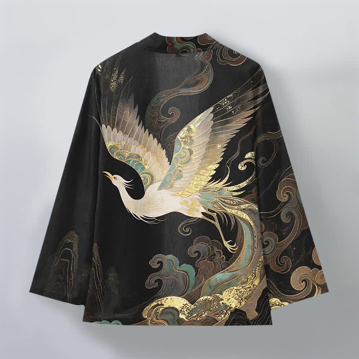 Buddha Stones Kimono de algodón con estampado de grullas doradas y nubes, abertura frontal, para hombre. - image 11