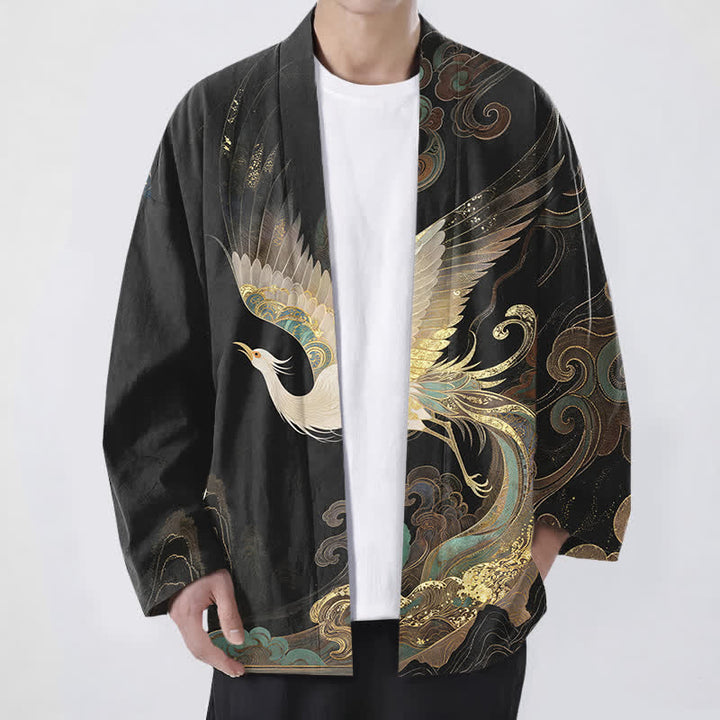 Buddha Stones Kimono de algodón con estampado de grullas doradas y nubes, abertura frontal, para hombre. - Negro - US/UK/AU48, UE58 (4XL) - image 9