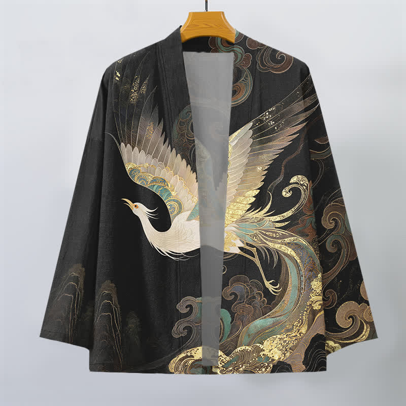 Buddha Stones Kimono de algodón con estampado de grullas doradas y nubes, abertura frontal, para hombre. - image 10