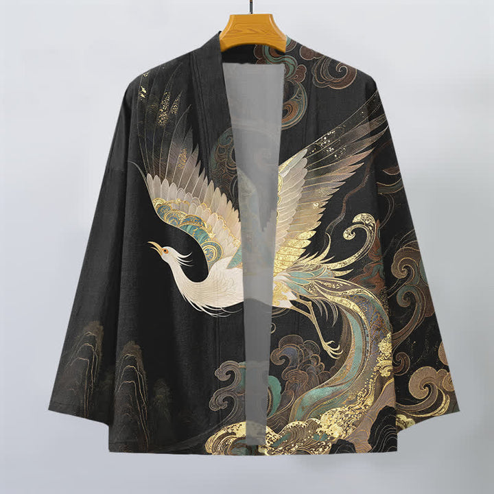 Buddha Stones Kimono de algodón con estampado de grullas doradas y nubes, abertura frontal, para hombre. - image 10