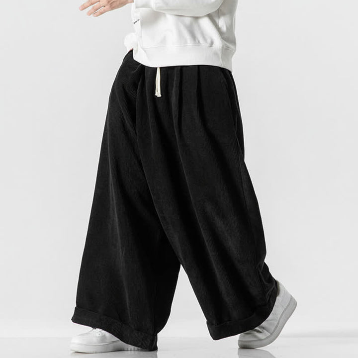 Buddha Stones Pantalones largos de pana lisos con cordón ajustable para hombre, estilo casual de otoño/invierno, de pierna ancha y con bolsillo. - image 18