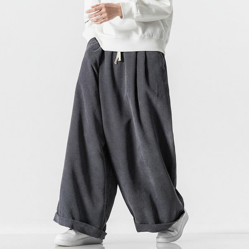 Buddha Stones Pantalones largos de pana lisos con cordón ajustable para hombre, estilo casual de otoño/invierno, de pierna ancha y con bolsillo. - image 1
