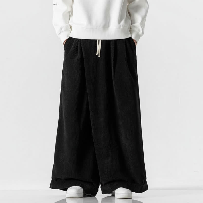 Buddha Stones Pantalones largos de pana lisos con cordón ajustable para hombre, estilo casual de otoño/invierno, de pierna ancha y con bolsillo. - Negro - US/UK/AU46, EU56 (5XL) - image 16