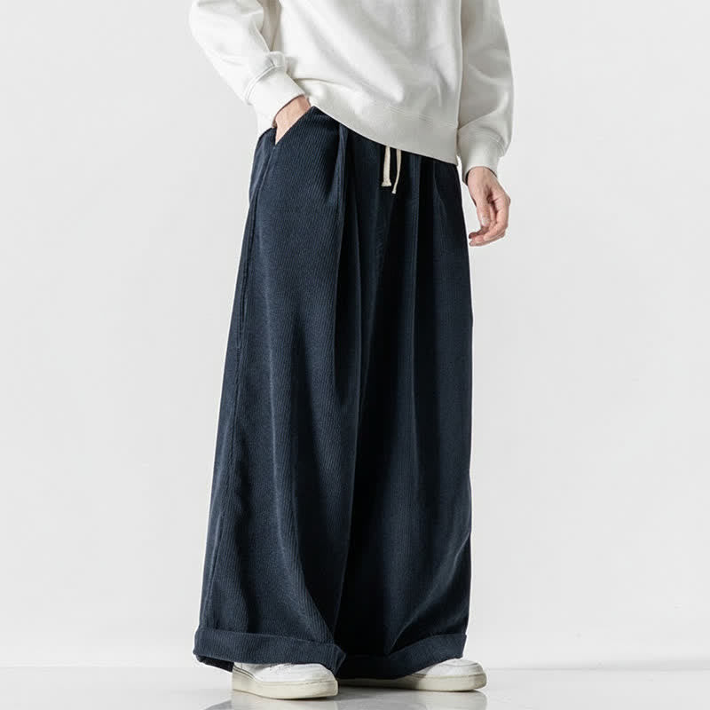 Buddha Stones Pantalones largos de pana lisos con cordón ajustable para hombre, estilo casual de otoño/invierno, de pierna ancha y con bolsillo. - Marina de guerra - US/UK/AU46, EU56 (5XL) - image 11