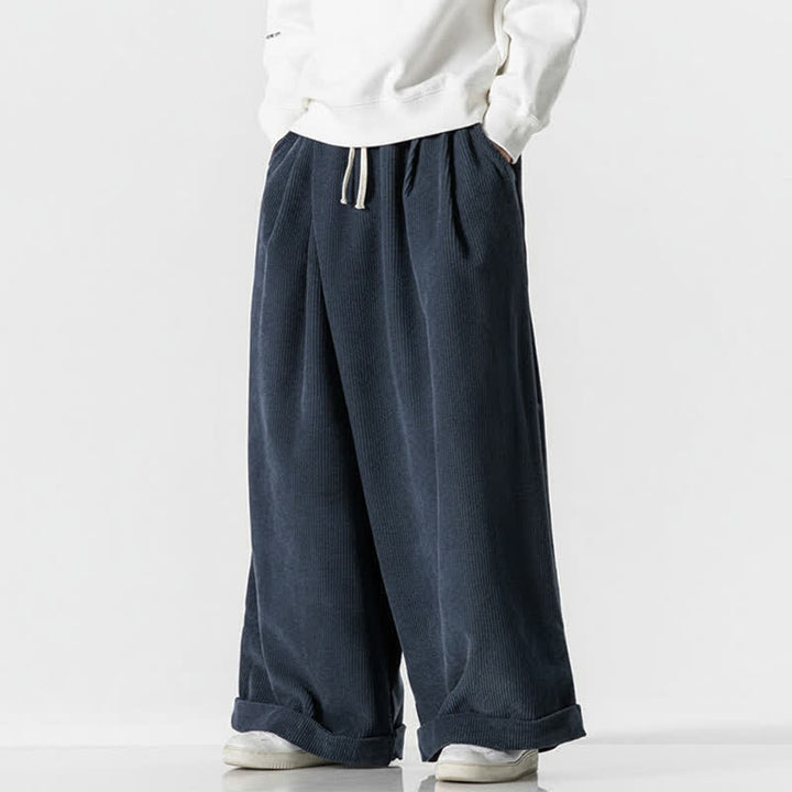 Buddha Stones Pantalones largos de pana lisos con cordón ajustable para hombre, estilo casual de otoño/invierno, de pierna ancha y con bolsillo. - image 12