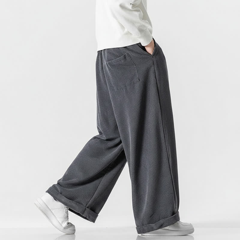 Buddha Stones Pantalones largos de pana lisos con cordón ajustable para hombre, estilo casual de otoño/invierno, de pierna ancha y con bolsillo. - image 4