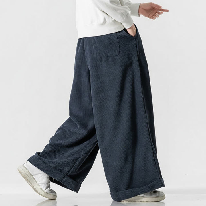 Buddha Stones Pantalones largos de pana lisos con cordón ajustable para hombre, estilo casual de otoño/invierno, de pierna ancha y con bolsillo. - image 15