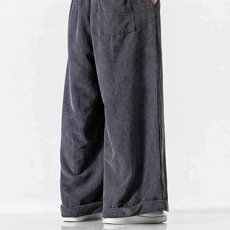 Buddha Stones Pantalones largos de pana lisos con cordón ajustable para hombre, estilo casual de otoño/invierno, de pierna ancha y con bolsillo. - image 5