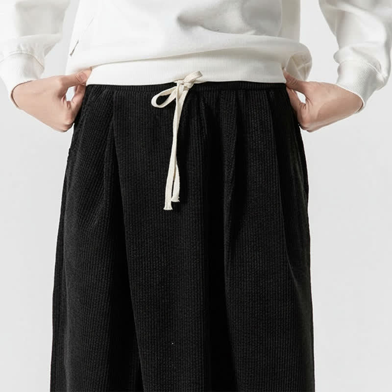 Buddha Stones Pantalones largos de pana lisos con cordón ajustable para hombre, estilo casual de otoño/invierno, de pierna ancha y con bolsillo. - image 22