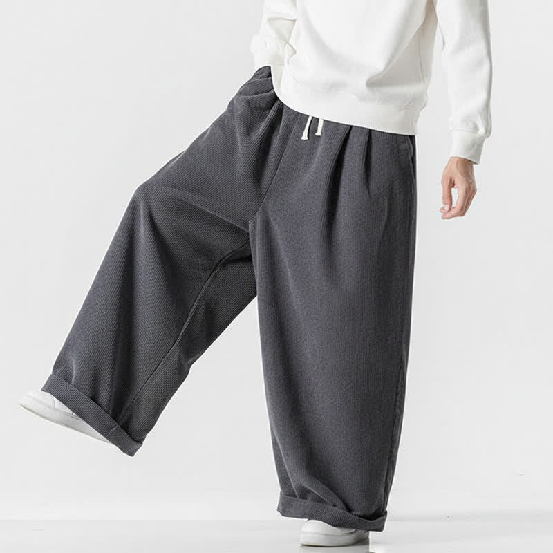 Buddha Stones Pantalones largos de pana lisos con cordón ajustable para hombre, estilo casual de otoño/invierno, de pierna ancha y con bolsillo. - image 3