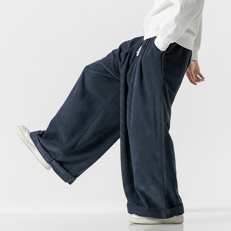 Buddha Stones Pantalones largos de pana lisos con cordón ajustable para hombre, estilo casual de otoño/invierno, de pierna ancha y con bolsillo. - image 14