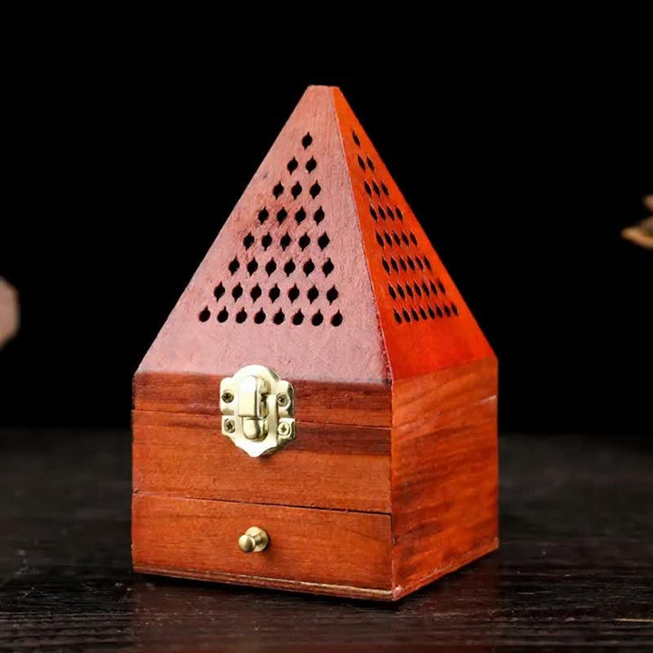 Caja ritual cuadrada de madera natural con Buddha Stones y quemador de incienso para purificación. - Pirámides triangulares cortas con agujeros pequeños - image 9