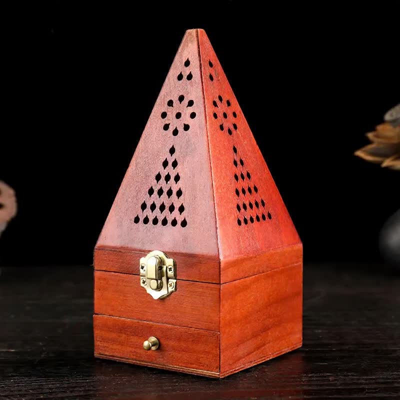 Caja ritual cuadrada de madera natural con Buddha Stones y quemador de incienso para purificación. - Pirámides triangulares altas con agujeros pequeños - image 7