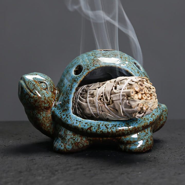 Buddha Stones Quemador de incienso de cerámica con forma de tortuga - Azul - image 0