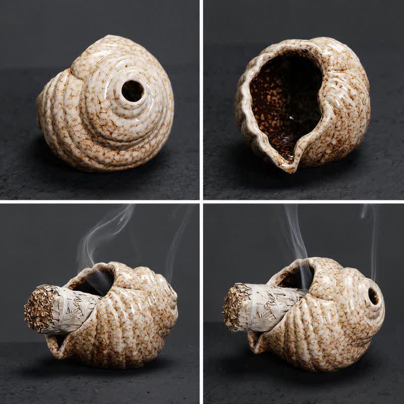 Buddha Stones Quemadores de incienso de cerámica con forma de caracola Shankha para purificación - image 12