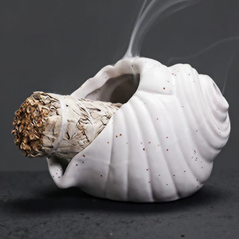 Buddha Stones Quemadores de incienso de cerámica con forma de caracola Shankha para purificación - Blanco - image 7